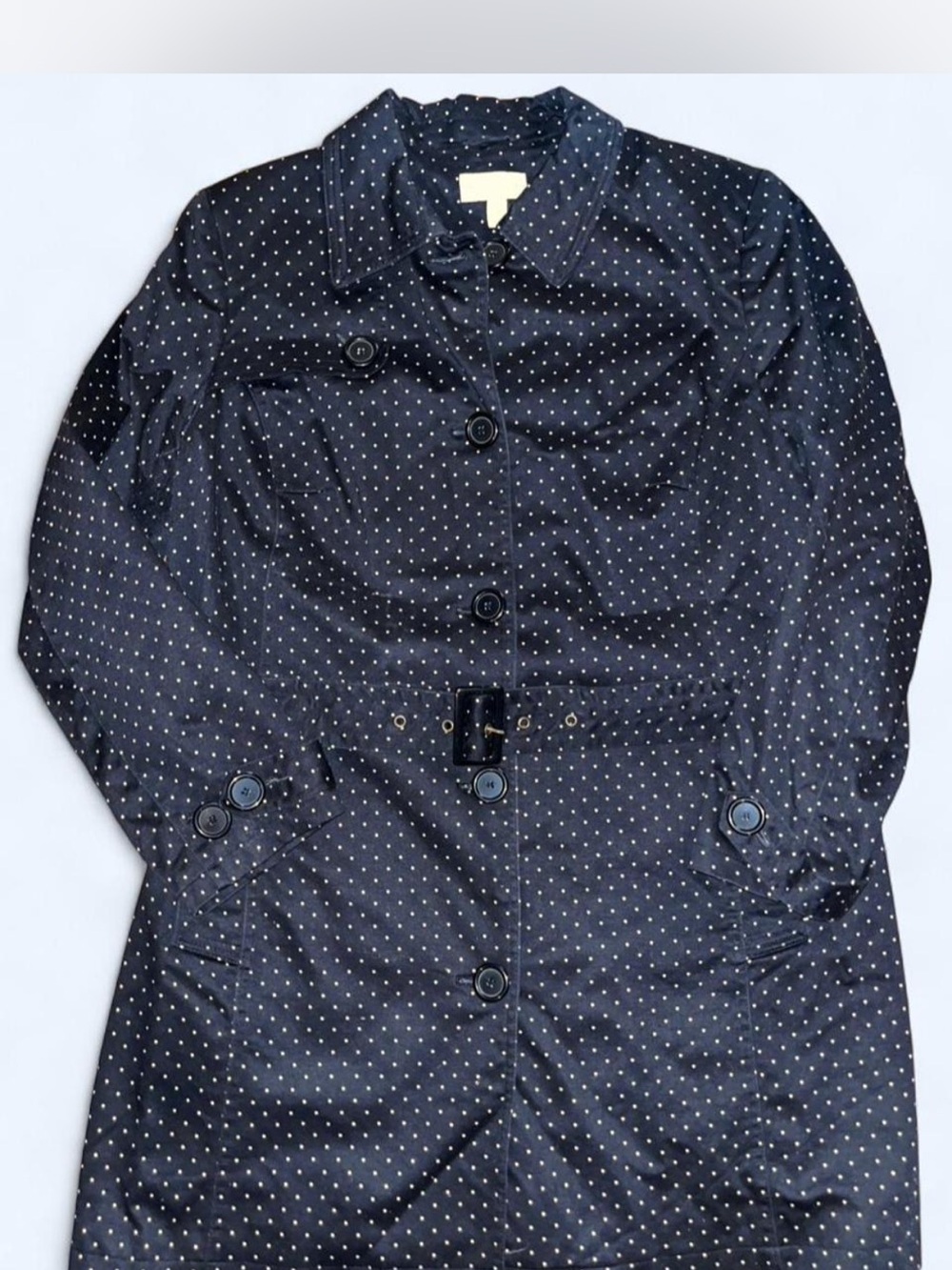 JM Collection Navy Polka Dot Trench Coat